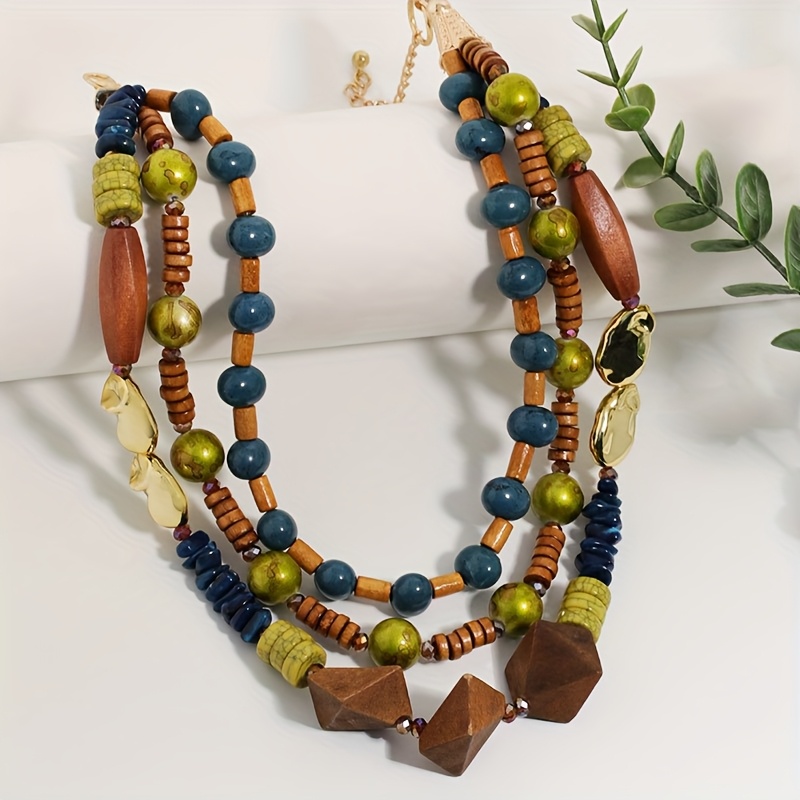 Bohemian Layered Irregular Beads Necklace in Brown, Green, and Blue
